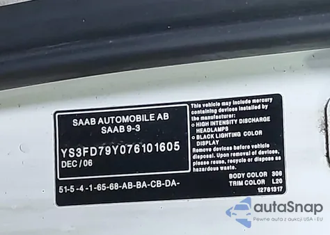 2007 Saab 9-3 2.0T из США, поврежденный, VIN YS3FD79Y076101605